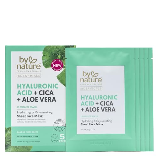 By Nature Face Mask with Hyaluronic Acid, Cica, and Aloe Vera - 5 Sheet Masks - Hydrating and Rejuvenating Skincare Set