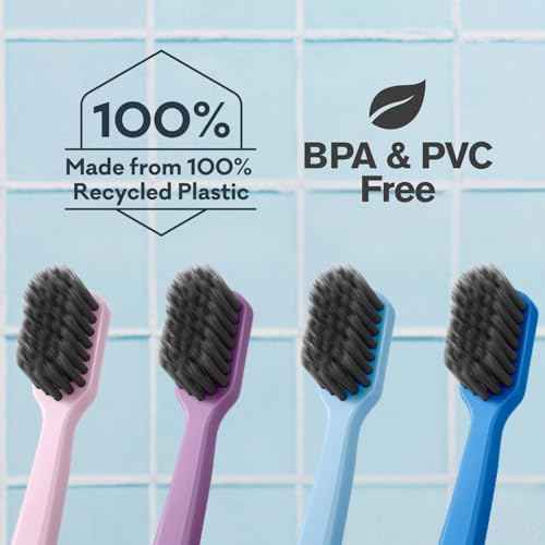 Grin Extra Soft Toothbrushes for Adults ? Travel Toothbrush with Charcoal Infused Bristles ? Manual Full Mouth Brush Head for Whitening & Gum Care ? 4 Count (1 Pack Set)