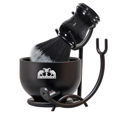 Grandslam Deluxe Shaving Kit for Men, 3 in 1 Shaving Set Includes Shaving Brush, Stainless Steel Shaving Bowl and Razor & Brush Holder, Black Set
