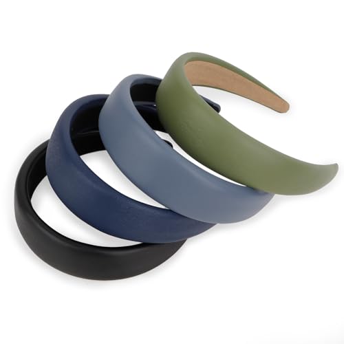 YISSION 4Pcs Padded Headbands for Women Girls Non Slip Leather Headband Wide Head Band Fashion Headbands Solid Hairband Blue Green Black Headband Hair Accessories for Women