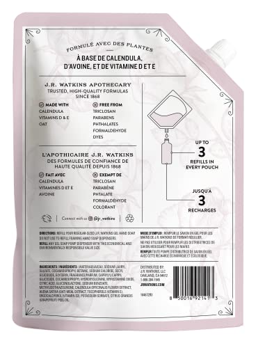 J.R. Watkins Rosewater Liquid Hand Soap Refill Pouch 1L - Gentle, Plant-Based