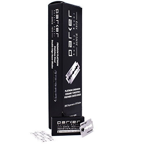 Parker 100?Count Double Edge Safety Razor Blades ? Premium Platinum?Tungsten?Chromium Coated Stainless Steel for Smooth, Long?Lasting Shaves ? Fits All DE Razors