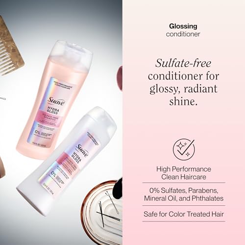 Suave Hydra Gloss Sulfate Free Conditioner with Glycolic Acid & Camellia Flower Oil for Hydrated, Smooth, Glossy Shine, 6 Count, 12.6 FL OZ