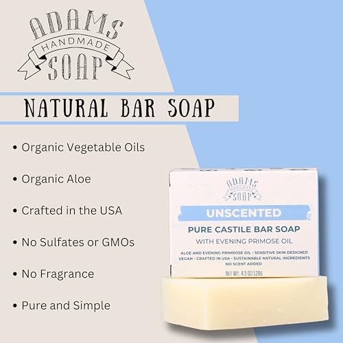 Adams Handmade Soap Unscented Pure Castile Bar Soap ? 4.5 oz | With Evening Primrose Oil | Vegan, Cold Process, 84% Organic, Fair Trade, No Fragrance, Sensitive Skin Safe, USA Made