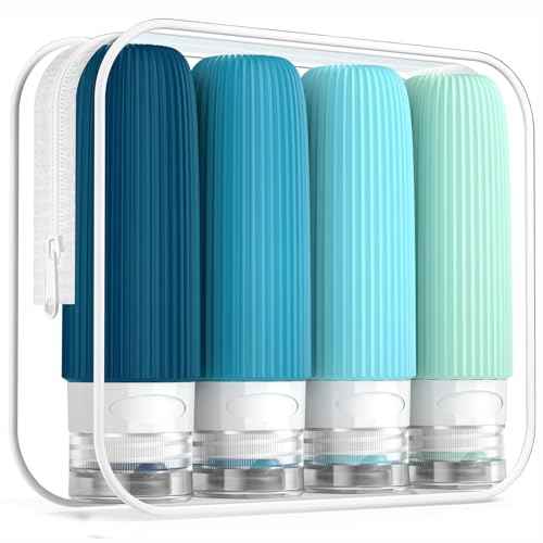Travel Bottles for Toiletries, Tsa Approved 3oz Portable Travel Bottles, BPA Free Leak Proof Squeezable Silicone Travel Size Containers, Travel Accessories with Clear Toiletry Bag (4 Pack)
