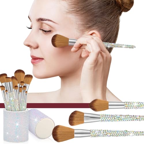 Rtteri 13 Pcs Rhinestone Silver Makeup Brushes Set Bling Crystal Professional Face Cosmetics Blending Liquid Foundation Powder Concealer Eye Shadows Make up Beauty Tool Glitter with Holder