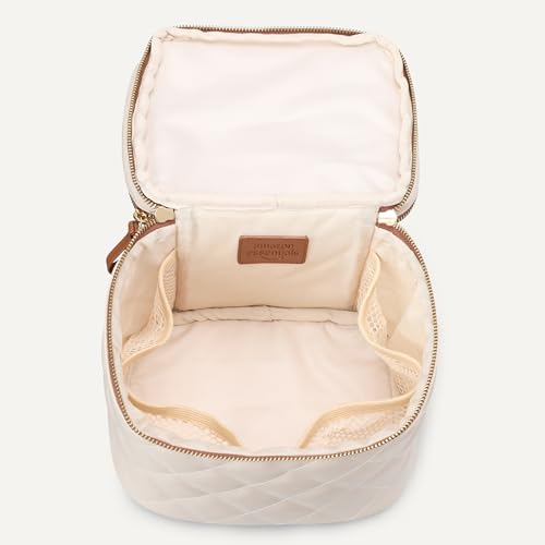Quilted Makeup Bag with Brush Storage - Ivory Faux Leather
