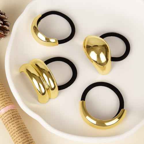4 PCS Gold Hair Ties for Thick Thin Hair, Hair Accessories for Women Girls, Hair Cuffs Ponytail Holders