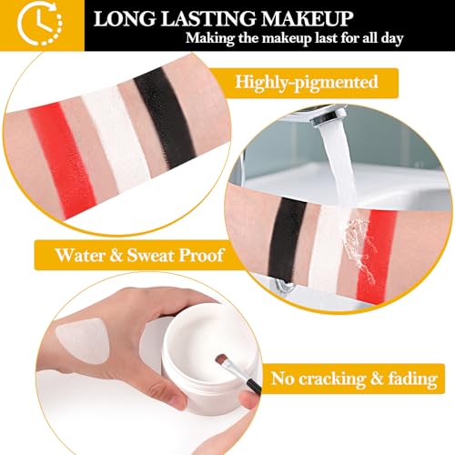 Halloween Makeup Kit for Adult Kids, Black White Red Face Paint for Zombie Skeleton Clown Makeup with 4 Brushes, 2 Sponges, 6 Tattoos, Oil-based Face Painting Kit for Halloween Costume, Theme Cosplay