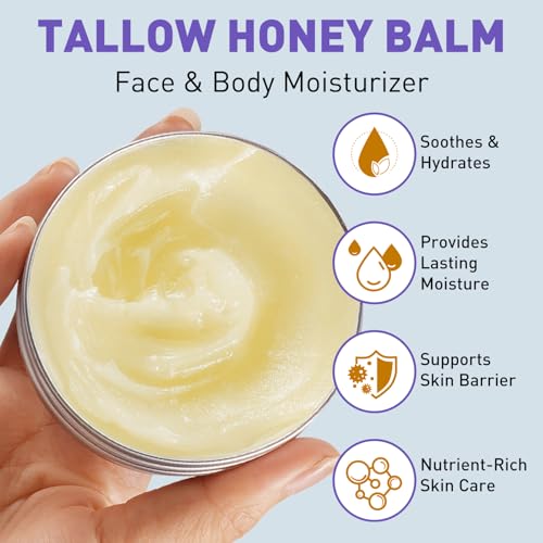 Beef Tallow for Skin ? 2 Pcs Grass-Fed Tallow and Raw Honey Balm with Lavender Essential Oil, Natural Tallow Face Moisturizer & Beef Tallow for Face, Nourishing Hydrating Balm