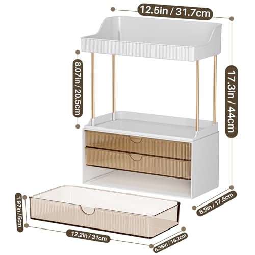 Bathroom Organizers and Storage - 3 Drawers 2 Tier Makeup Organizer, Cosmetic Storage Drawer for Dresser Countertop and Bathroom Vanity for Large Skincare, Perfume, Amber