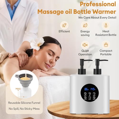 Dual Massage Oil Warmer Heater with 4 Massage Oil Bottles and 2 Funnels,Adjustable Temp (86?149¡ÆF)&Timer (0.5?24H) Lotion Warmer,Dual Bottle Heated Oil Dispenser for Spa, Salon & Home Use