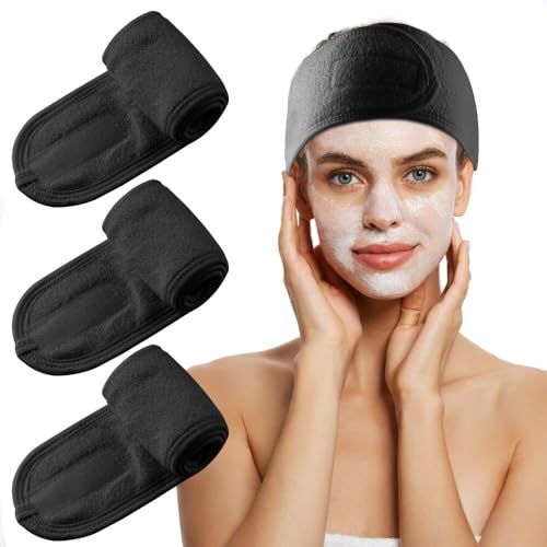 KAKULO Spa Headband 3 Pack Make Up Wrap Headband Adjustable Towel for Face Washing, Shower, Facial Mask, Yoga (Black+Black+Black)