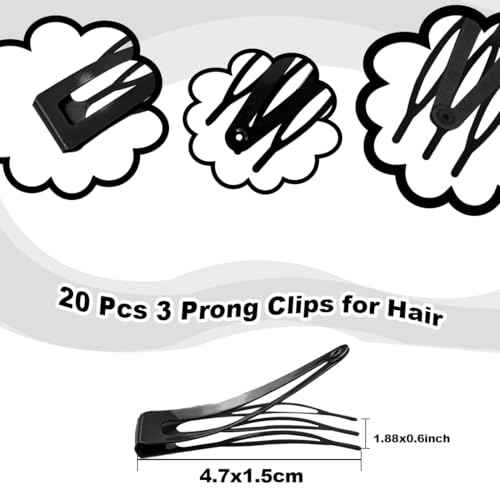 20 Pcs Snap Hair Clips for Women Snap Hair Barrettes Double Grip Hair Clips 3 Prong Clips for Hair Barrettes for Women Girls (Black)