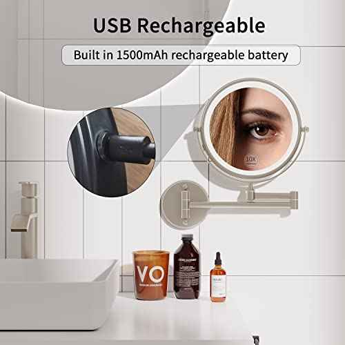 Rechargeable Makeup Mirror Wall Mounted with Double Side 1X/10X Magnification,3 Color Lights Touch Screen and 360¡Æ Swivel Extendable(Brushed Grey)