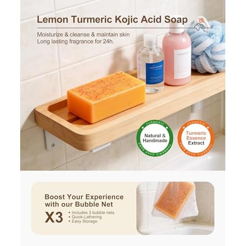Lemon Turmeric Kojic Acid Soap, 4 Pcs Turmeric Soap Bar Infused with Hyaluronic Acid, Vitamin C£¬E, Shea Butter for Face & Body Deeply Clean, 3 Foam Nets