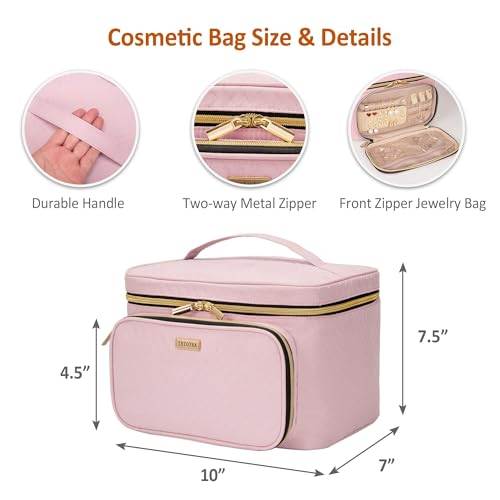 Travel Makeup Bag with Jewelry Organizer - Pink, Single-Layer, Waterproof Cosmetic Case for Brushes & Accessories