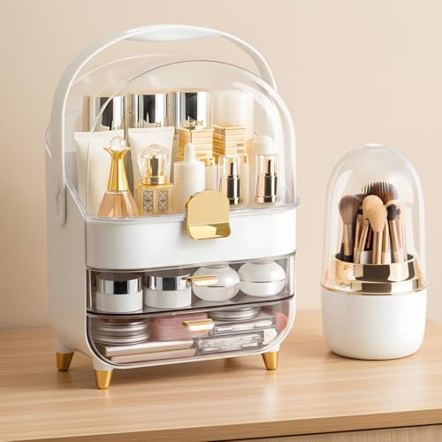 Large Capacity Makeup Organizer with Brush Holder & 2 Drawers - Rose Gold