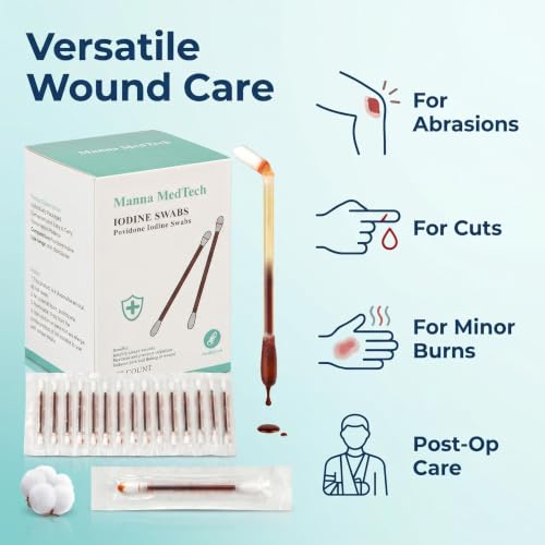 Manna MedTech Organic Cotton Iodine Swabs - First Aid Wound Care (100 Count)