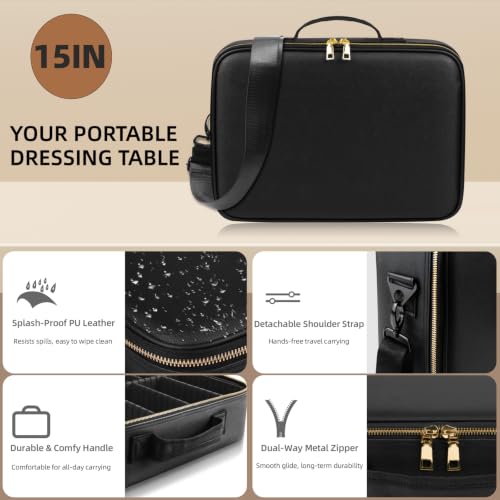 JJhxr 15''X11'' Large Capacity Makeup Bag with LED Mirror - Black, Adjustable Brightness