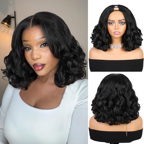 V Part Yaki Curly Wig 12" Glueless Synthetic Hair Black
