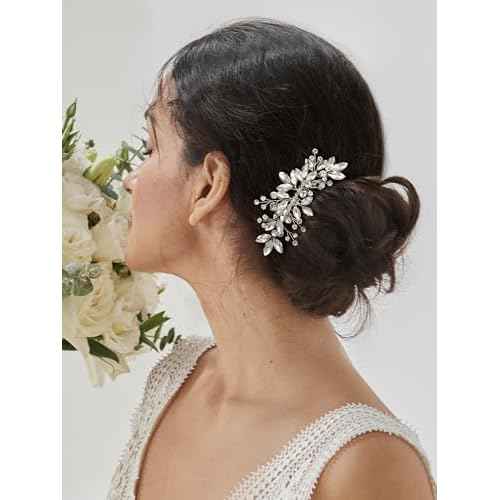 SWEETV Bride Silver Wedding Comb with Crystal Rhinestone Bridal Sparkly Gem Piece for Women and Girls