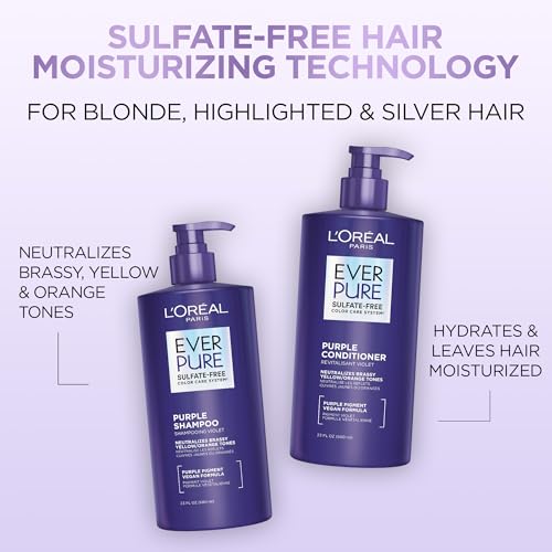 L¡¯Oreal Paris Sulfate Free Brass Toning Purple Conditioner for Blonde,Bleached,Silver,or Brown Highlighted Hair,EverPure,23 Fl Oz (Packaging May Vary),(Pack of 2)