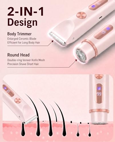AiooTisu Pink Painless Bikini Trimmer 2-in-1 Waterproof Electric Razor for Sensitive Skin