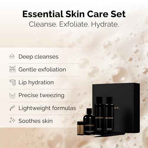 Golden Grooming Co. Essential Skincare Set for Men | Complete Face & Body Care Kit with Face Wash, Exfoliating Scrub, Body Wash, Tweezers & Lip Balms
