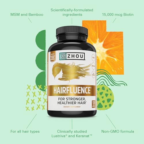 Zhou Hairfluence - Vegan Biotin Supplement for Hair Growth for Men & Women, Lustriva Hair Growth Supplement for Nails & Glowing Skin with B Vitamin Complex & Keranat - 120 Capsules (Pack of 1)