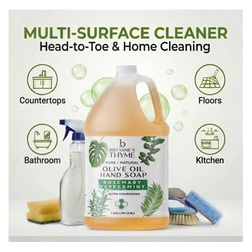 Brittanie's Pure Organic Castile Liquid Olive Oil Soap Refill, Rosemary Peppermint, 1 Gallon | Face, Body Wash, Dishes, Pets & Laundry | Vegan & Gluten Free Non-GMO