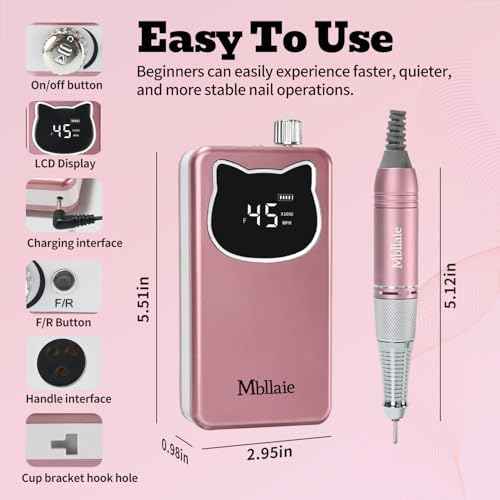 Professional Nail Drill File 45000RPM Electric Portable Nails Drills Kit with Rechargeable 7 u?as Bits Cordless Efile for Poly Gel Acrylic Nails Remover Home Salon Pedicure Manicure Tool (Rose Pink)