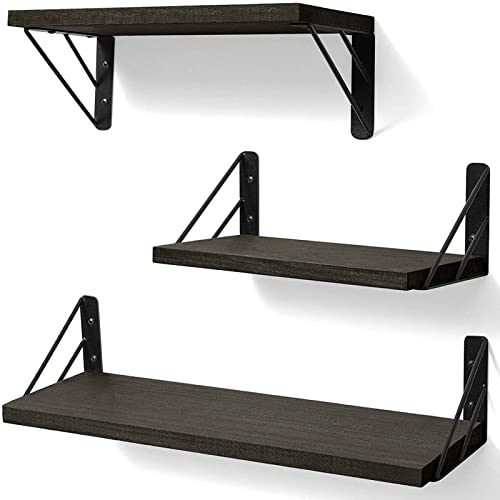 BAYKA Floating Shelves for Wall, Wall Mounted Rustic Wood Shelves for Bathroom, Bedroom, Living Room, Kitchen, Hanging Shelf for Books/Storage/Room Decor with 22lbs Capacity (Black, Set of 3, 16in)