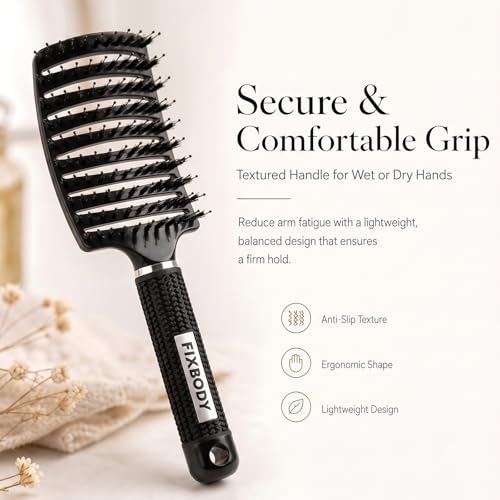 FIXBODY Mate Black Boar Bristle Curved Vent Hair Brush for All Hair Types