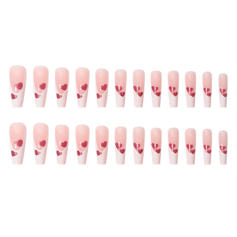 DOUBNINE Long Coffin Press On Nails Pink Sweet Heart French Tip Acrylic False Nails with Glue Ballerina Gradient Luxury Full Cover Stick On Nails Valentine's Day Wedding Wear for Women