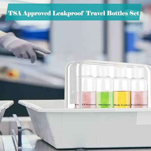 Clear Toiletry Travel Bottles, 3.4oz/100ml TSA Approved Empty Containers with Toiletry Bag - Cosmetic Kit with Labels for Shampoo, Conditioner, Lotion, and Airplane Accessories(4Pack, White)