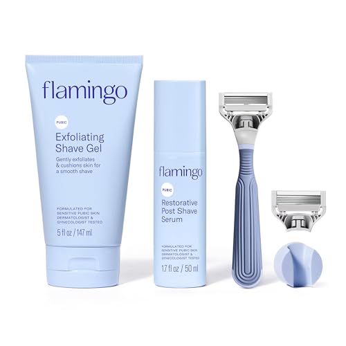 Women's Pubic Hair Razor Set with Shave Gel & Post Shave Serum - Flamingo