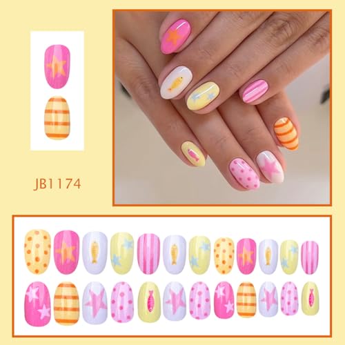 Short Oval Press On Nails 24pc Set with Jelly Stickers