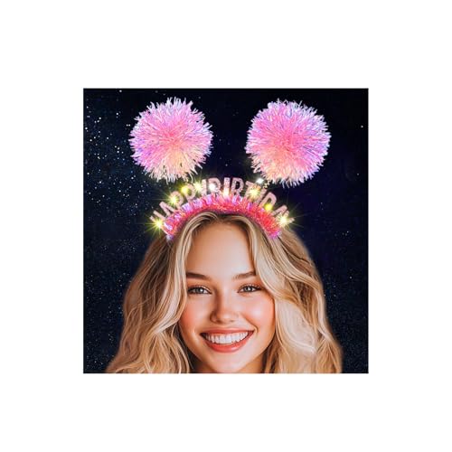 Pink LED Happy Birthday Crown Headband for Women - Glowing Pom Pom Hair Accessory