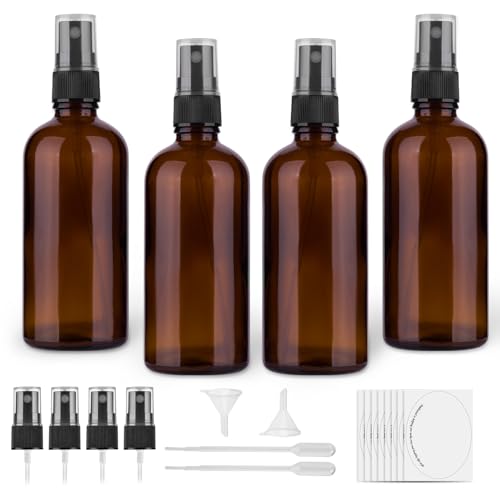 4oz Amber Glass Spray Bottles for Essential Oils - Set of 4 with Extra Nozzles & Labels