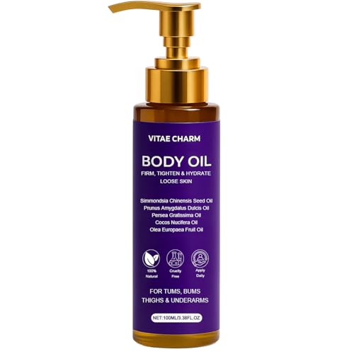 Vitae Charm Body Oil, Luxury Body Oil for Crepe Skin, Firming Tightening & Hydrating Body Serum with Vitamin E and Sweet Almond Oil, Smooths Skin for Women
