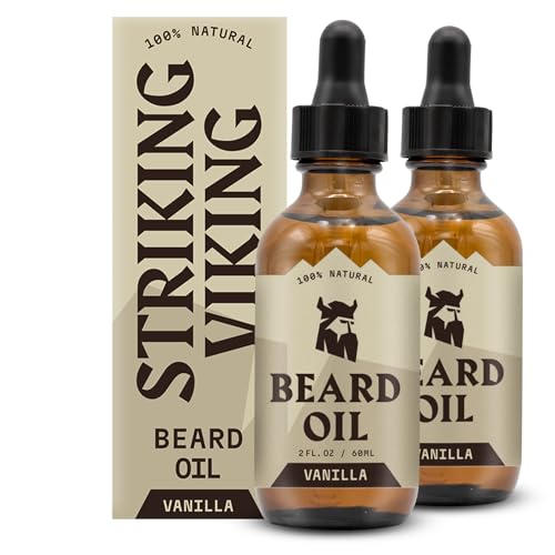 Striking Viking Beard Oil for Men - 2 Fl Oz, Pack of 2, Vanilla - Conditioning with Jojoba, Argan & Almond Oil - Promotes Fuller Growth with Beard Growth Serum - Soothes Itch with Tea Tree Extract