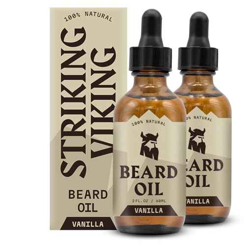 Striking Viking Beard Oil for Men - 2 Fl Oz, Pack of 2, Vanilla Scent - Naturally Derived Conditioner with Almond, Tea Tree, Argan & Jojoba Oil for Beard Growth, Softening & Moisturizing