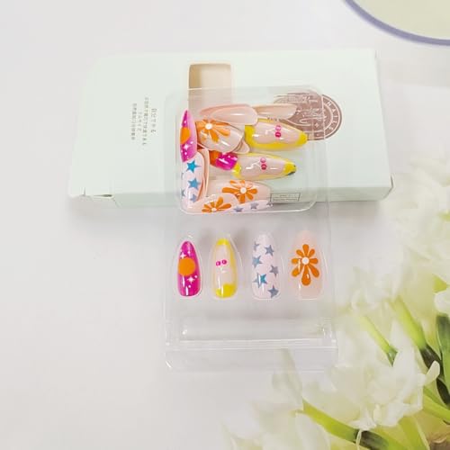 24Pcs Almond Shaped Press On Nails - Colorful Floral Designs