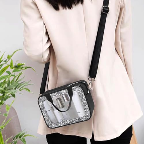 Meetart Clear Makeup Bag.Crushed Diamond Travel Toiletry Bag with Detachable Shoulder Strap.Transparent Cosmetic Bag for Travel, Bathroom Storage.(Black)