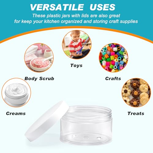 Dandat 72 Pcs 8 oz Plastic Jar Container with Lid and Label Refillable Empty Round White PET Cosmetic Sample Slime Containers for Lotion, Cream, Ointments, Body Butter, Makeup, Travel Storage