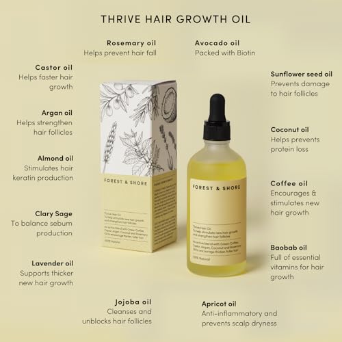 Forest & Shore Thrive Hair Growth Oil - Natural Hair Serum for Damaged Hair, Caffeine, Biotin & Argan, 100ml