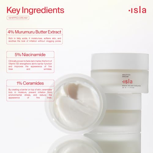 ISLA Whipped Dream Moisturizer, Deep Hydration, Smooth Texture & Dark Circle Reduction, Niacinamide, Murumuru Butter & Ceramides, Lightweight Barrier Repair Cream, 1.76 fl oz