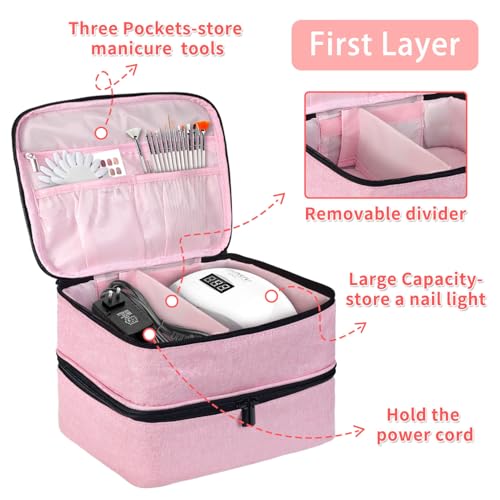 Nail Polish Storage Bag, Nail Lamp Case Nail Polish Carrying Case Holds 30 Bottles (15ml/0.5 fl.oz) Nail Kit Organizer Nail Supplies Storage Box with Manicure Tools Storage Sections(Pink)