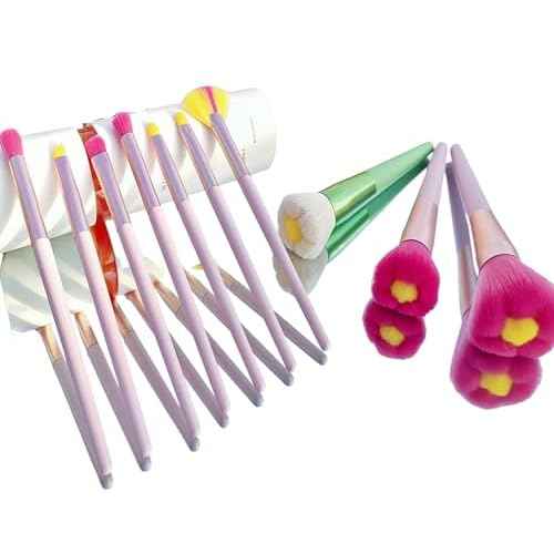 Beautiful Makeup Brush Set for Girls, 10pcs Kawaii Fan Cute Daisy Flower Red Makeup Brushes Kit of Powder Blush Eye Shadow Brush for Teens Women Girls